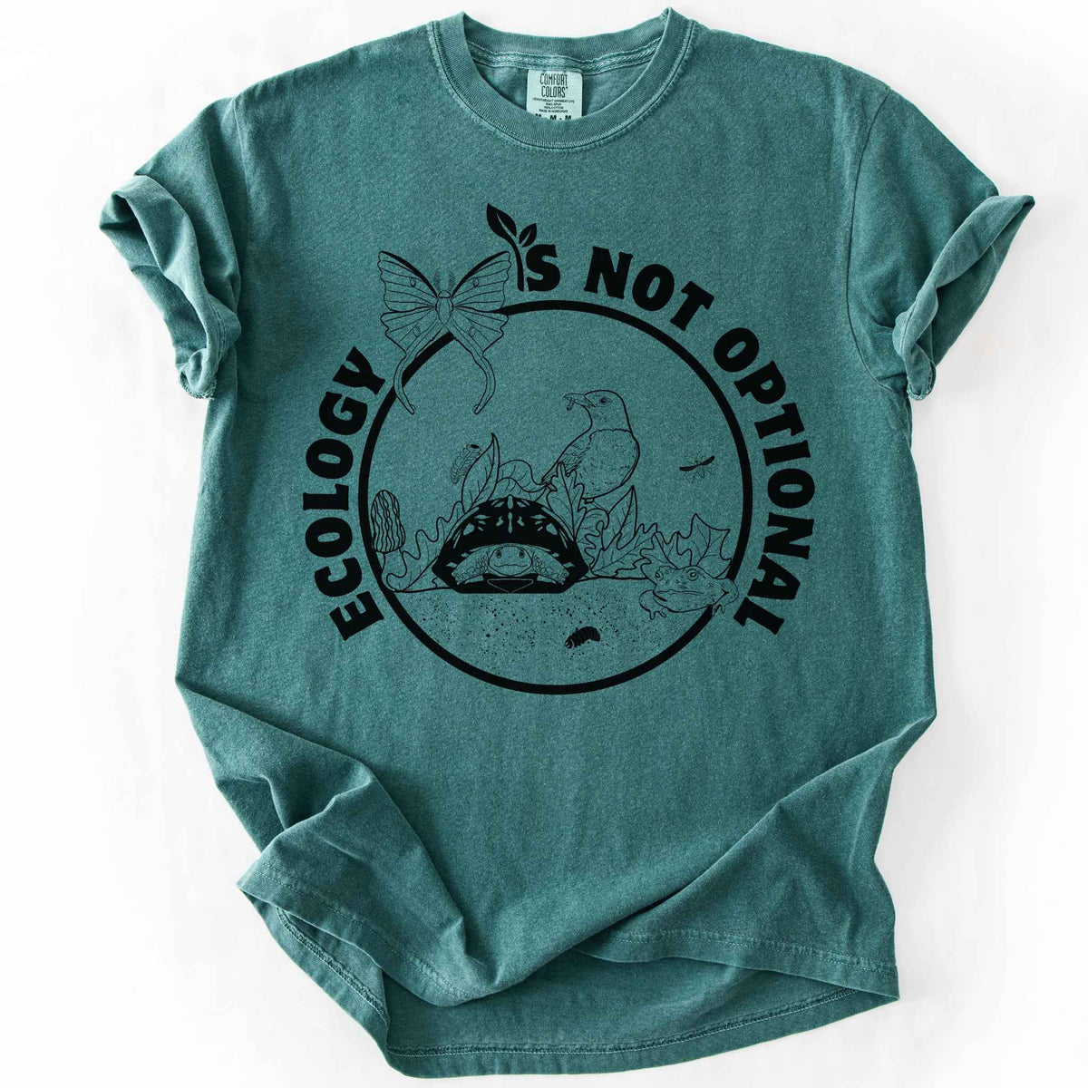 Blue Spruce "Ecology Is Not Optional" t-shirt on Comfort Colors tee, featuring a black circle badge with a box turtle, bird, luna moth, frog, and mushrooms in an ecosystem scene. Nature lover and biology gift shirt for ecologists and conservation enthusiasts.