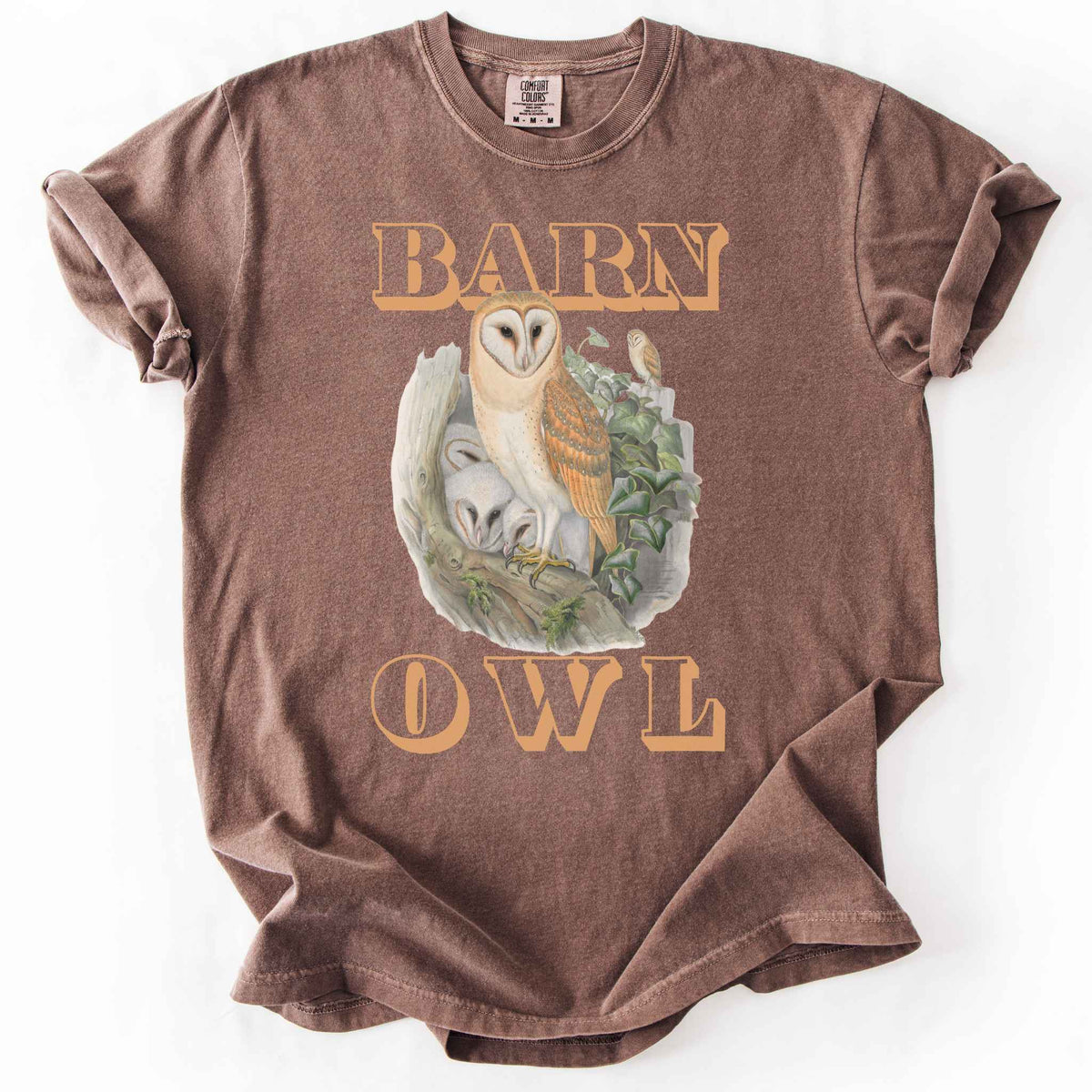 Espresso "Barn Owl" t-shirt on Comfort Colors tee, featuring a detailed graphic of a barn owl with owlets nestled in a tree hollow with ivy, in tan bold lettering. Birdwatcher and owl lover gift shirt for wildlife and nature enthusiasts.