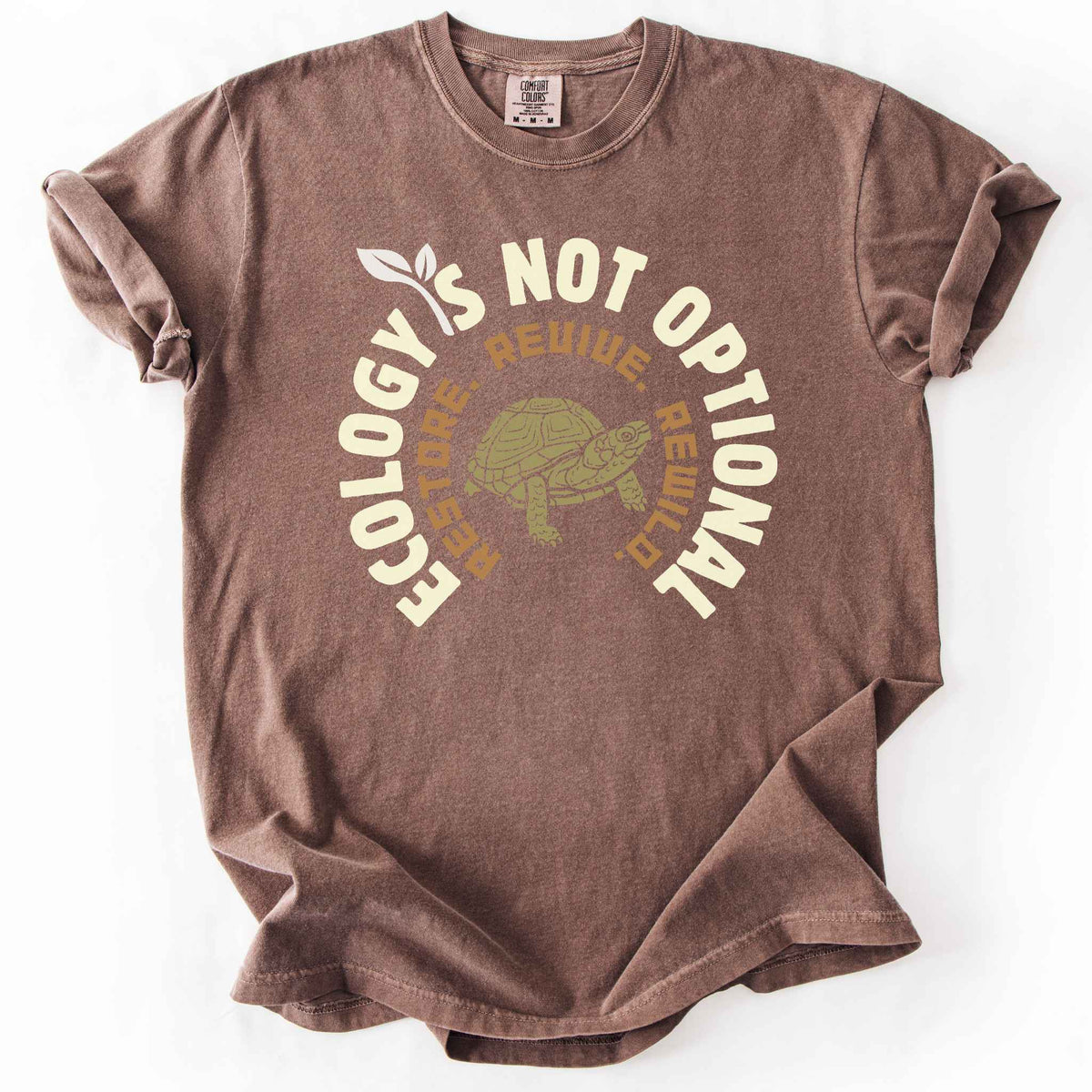 Espresso "Ecology Is Not Optional, Restore, Revive, Rewild" t-shirt on Comfort Colors tee, featuring a box turtle illustration within a circular design. Conservation and reptile lover gift shirt for ecologists and wildlife enthusiasts.