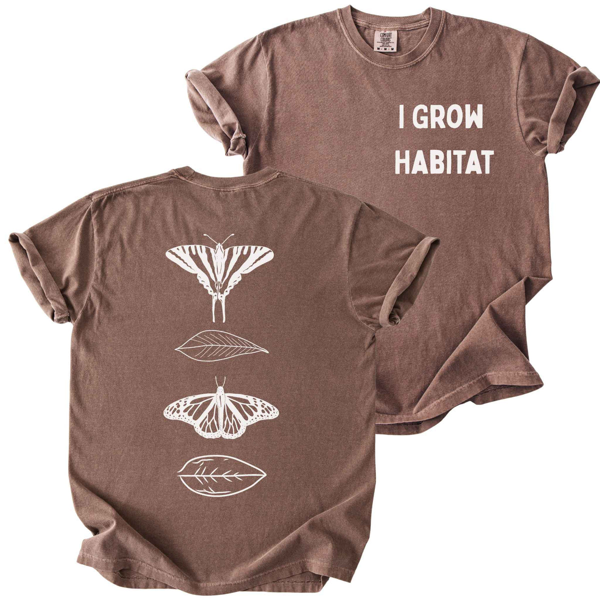 Espresso "I Grow Habitat" t-shirt on Comfort Colors tee, featuring a small front chest text and a full back print of a Zebra Swallowtail and Monarch butterfly alternating with leaves in white line art. Butterfly gardener gift shirt for native plant and pollinator conservation fans.