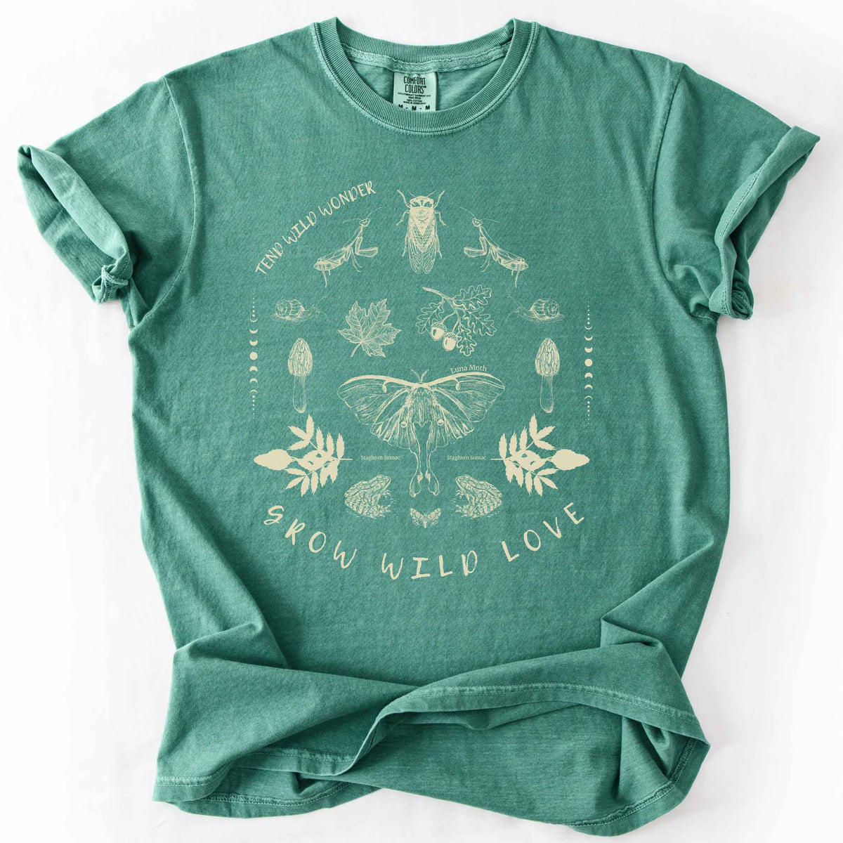Grow Wild Love Tend Wild Wonder Luna moth ecology light green t-shirt