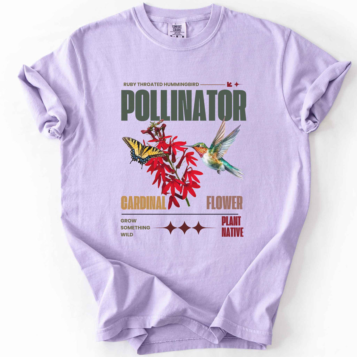 Orchid "Pollinator, Ruby Throated Hummingbird, Cardinal Flower" t-shirt on Comfort Colors tee, featuring a hummingbird and swallowtail butterfly on red cardinal flowers with retro poster style text. Gardener and native plant gift shirt for birdwatching and pollinator conservation fans.