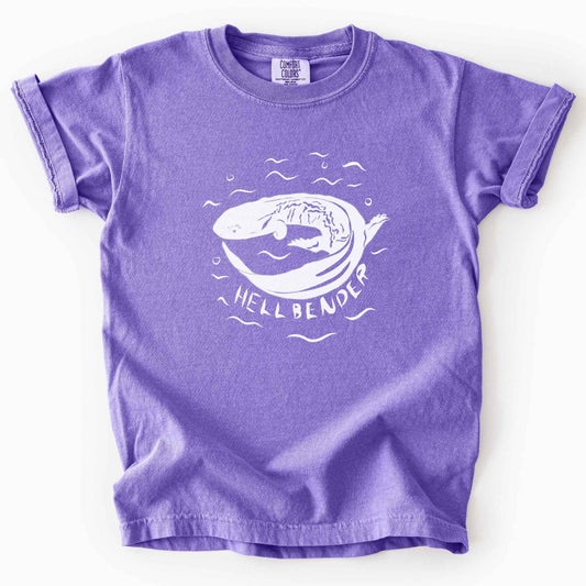 Violet "Hellbender" kids t-shirt on Comfort Colors tee, featuring a bold graphic of a curled hellbender salamander surrounded by stylized water splashes and bubbles. Amphibian and herpetology lover gift shirt for salamander and wildlife enthusiasts.