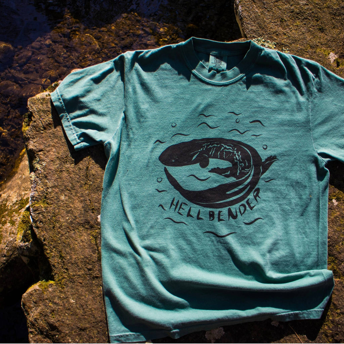Bay Hellbender comfort colors t-shirt lying on rocks next to a stream.