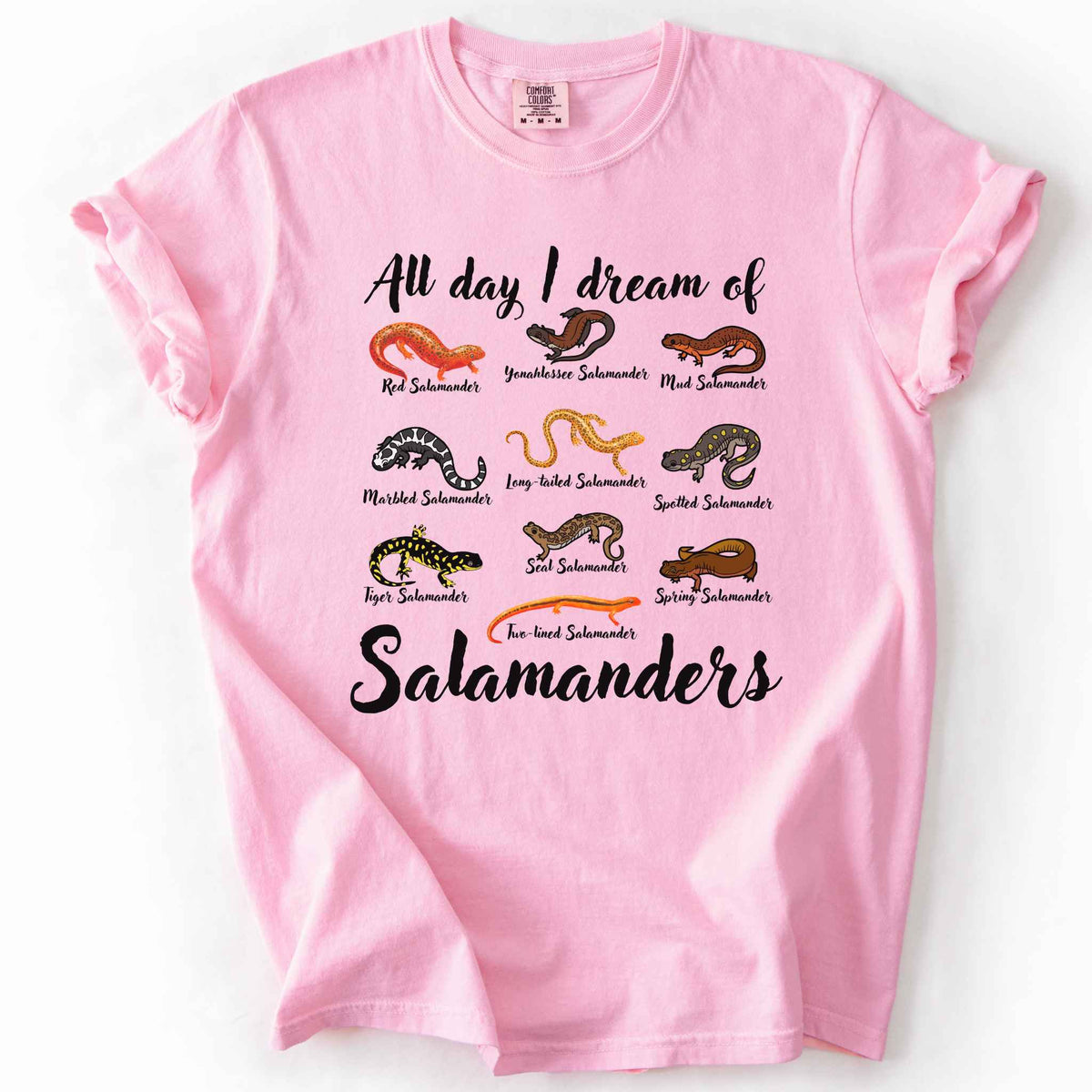 All Day I Dream of Salamanders blossom t-shirt on Comfort Colors tee, featuring 10 illustrated salamander species including Red, Tiger, Spotted, and Marbled Salamanders, with black script text, nature lover and herpetology gift shirt.
