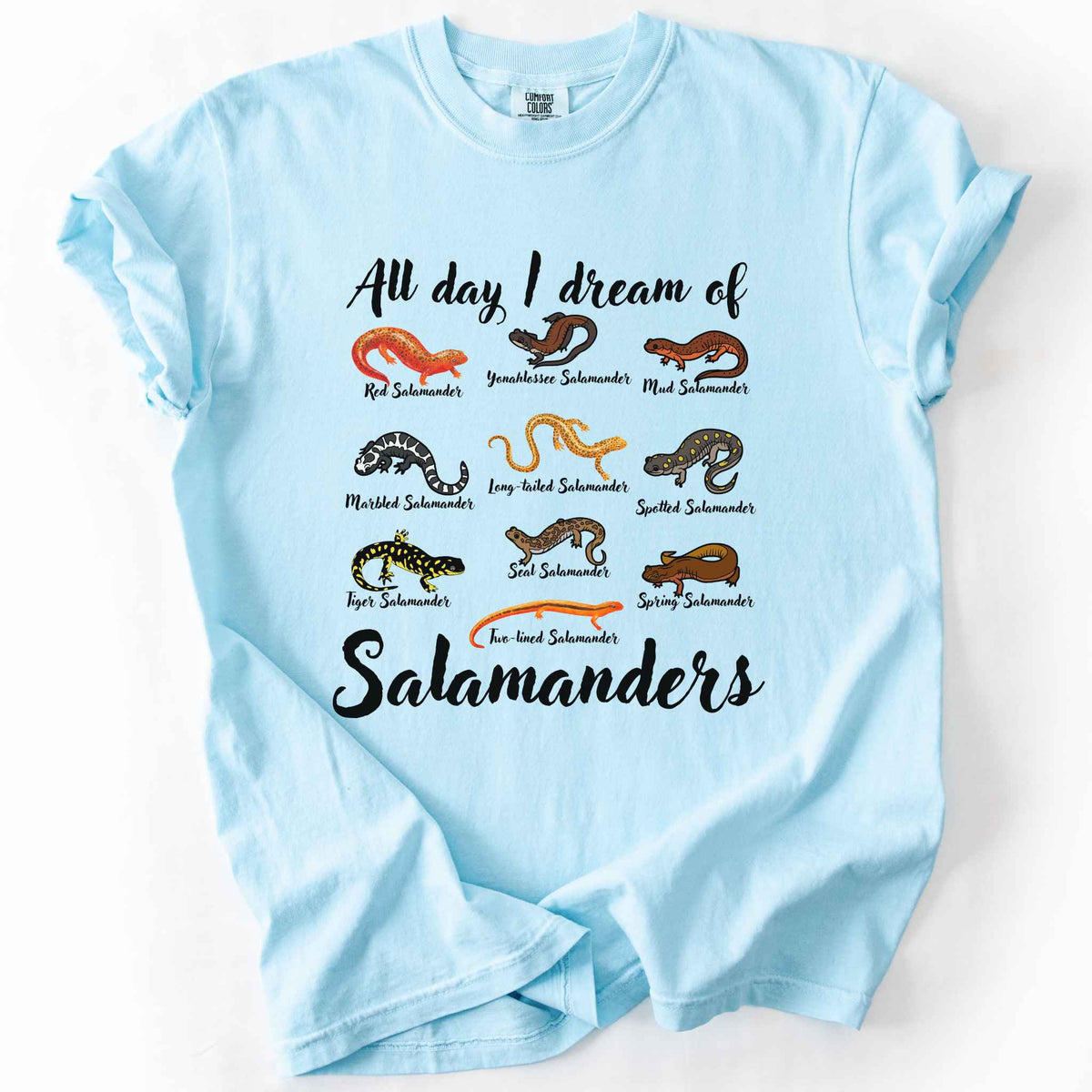 All Day I Dream of Salamanders chambray t-shirt on Comfort Colors tee, featuring 10 illustrated salamander species including Red, Tiger, Spotted, and Marbled Salamanders, with black script text, nature lover and herpetology gift shirt.