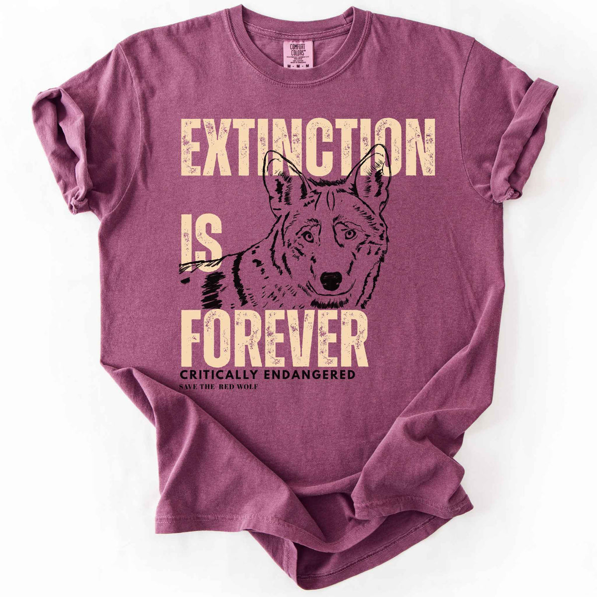 Berry "Extinction Is Forever, Critically Endangered, Save the Red Wolf" t-shirt on Comfort Colors tee, featuring a hand drawn wolf portrait with bold cream distressed lettering. Conservation and wildlife gift shirt for wolf and endangered species advocates.