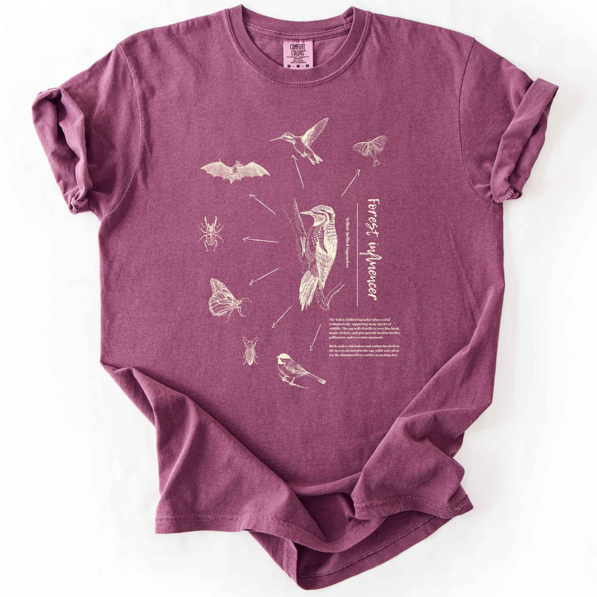 Berry "Forest Influencer" t-shirt on Comfort Colors tee, featuring a vintage style Yellow bellied Sapsucker illustration surrounded by the beetles, moths, bats, and birds it supports, with educational text detailing its ecological role. Nature lover and birding gift shirt for wildlife and forest ecology fans.