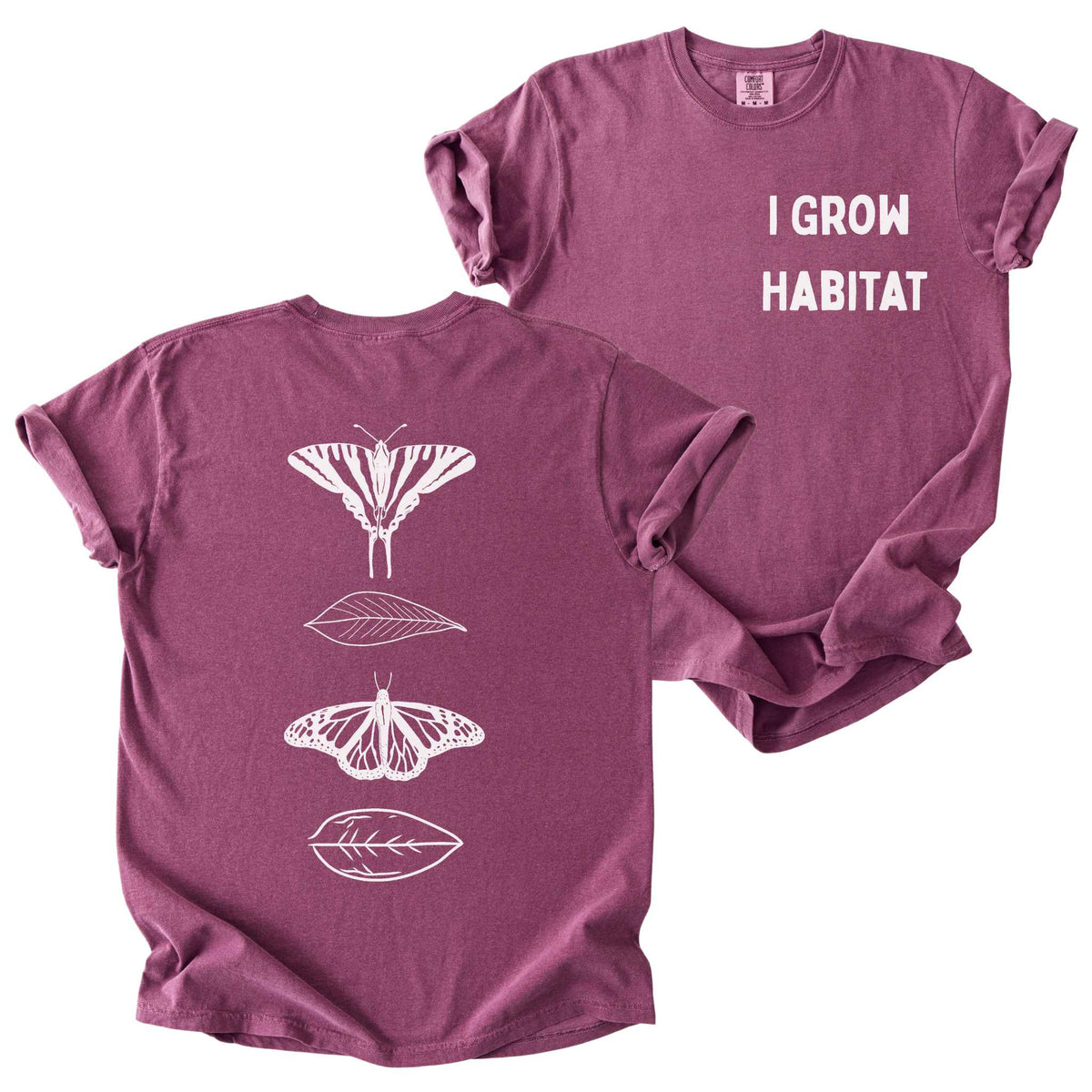 Berry "I Grow Habitat" t-shirt on Comfort Colors tee, featuring a small front chest text and a full back print of a Zebra Swallowtail and Monarch butterfly alternating with leaves in white line art. Butterfly gardener gift shirt for native plant and pollinator conservation fans.