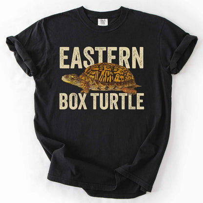 Black "Eastern Box Turtle" t-shirt on Comfort Colors tee, featuring a detailed vintage style turtle graphic with cream bold block lettering. Reptile lover and turtle enthusiast gift shirt for wildlife and nature fans.
