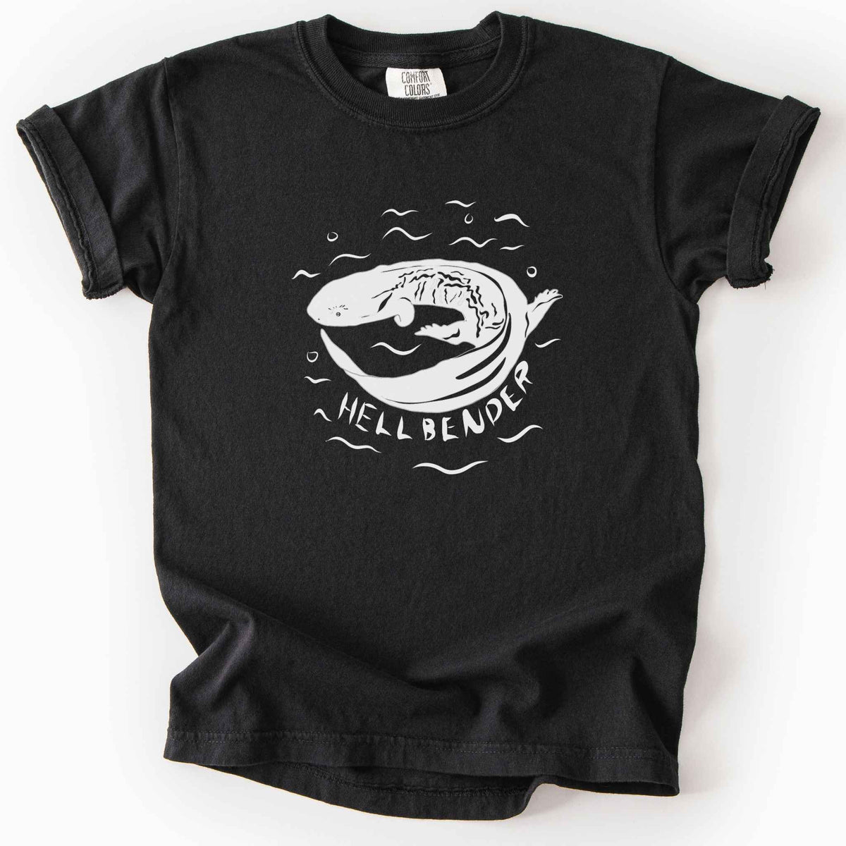 Black "Hellbender" kids t-shirt on Comfort Colors tee, featuring a bold graphic of a curled hellbender salamander surrounded by stylized water splashes and bubbles. Amphibian and herpetology lover gift shirt for salamander and wildlife enthusiasts.
