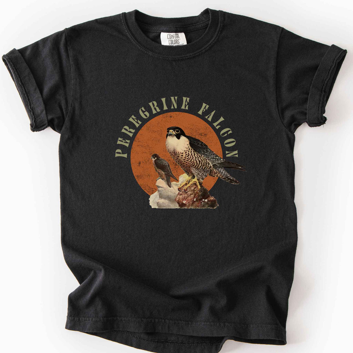 Black "Peregrine Falcon" kids t-shirt on Comfort Colors tee, featuring vintage style falcon illustration perched on a rock against an orange sun backdrop, with arched cream text. Birdwatcher and raptor lover gift shirt for falconry and wildlife fans.