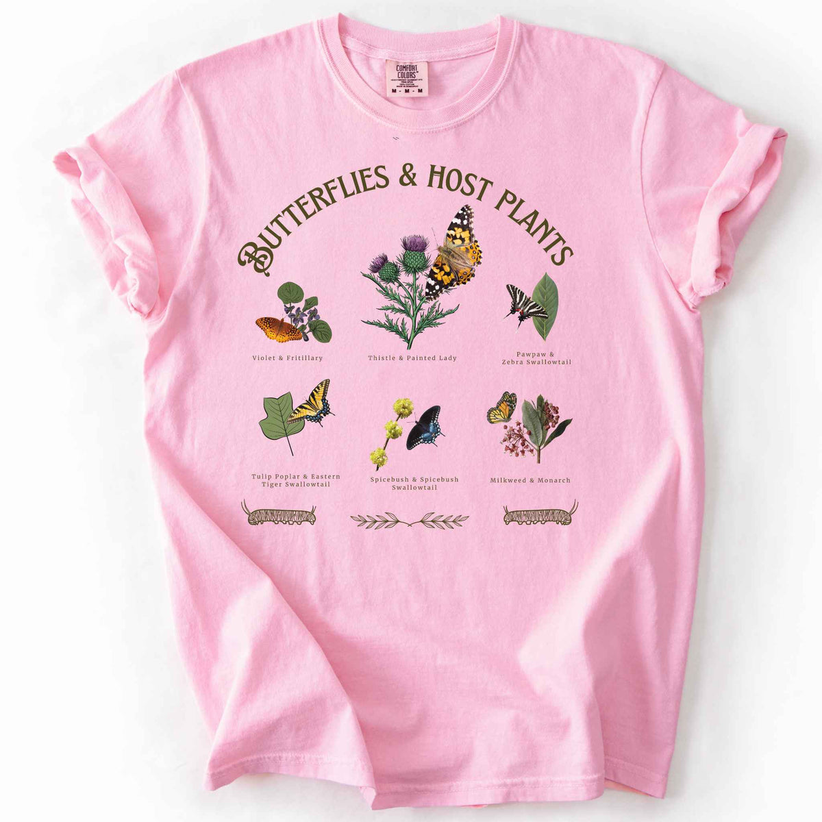 Blossom "Butterflies & Host Plants" t-shirt on Comfort Colors tee, featuring six graphic designed butterfly and plant pairings including Monarch on Milkweed, Painted Lady on Thistle, and Eastern Tiger Swallowtail on Tulip Poplar. Botanical gift shirt for butterfly gardeners and nature lovers.