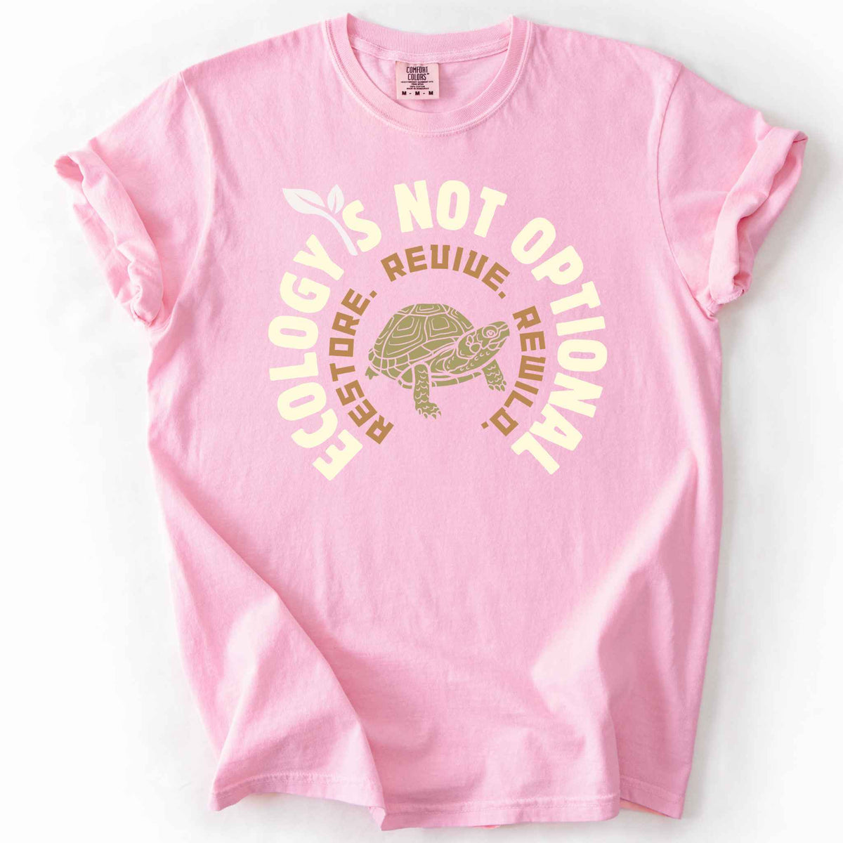 Blossom "Ecology Is Not Optional, Restore, Revive, Rewild" t-shirt on Comfort Colors tee, featuring a box turtle illustration within a circular design. Conservation and reptile lover gift shirt for ecologists and wildlife enthusiasts.