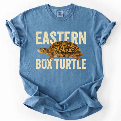 Blue Jean "Eastern Box Turtle" t-shirt on Comfort Colors tee, featuring a detailed vintage style turtle graphic with cream bold block lettering. Reptile lover and turtle enthusiast gift shirt for wildlife and nature fans.