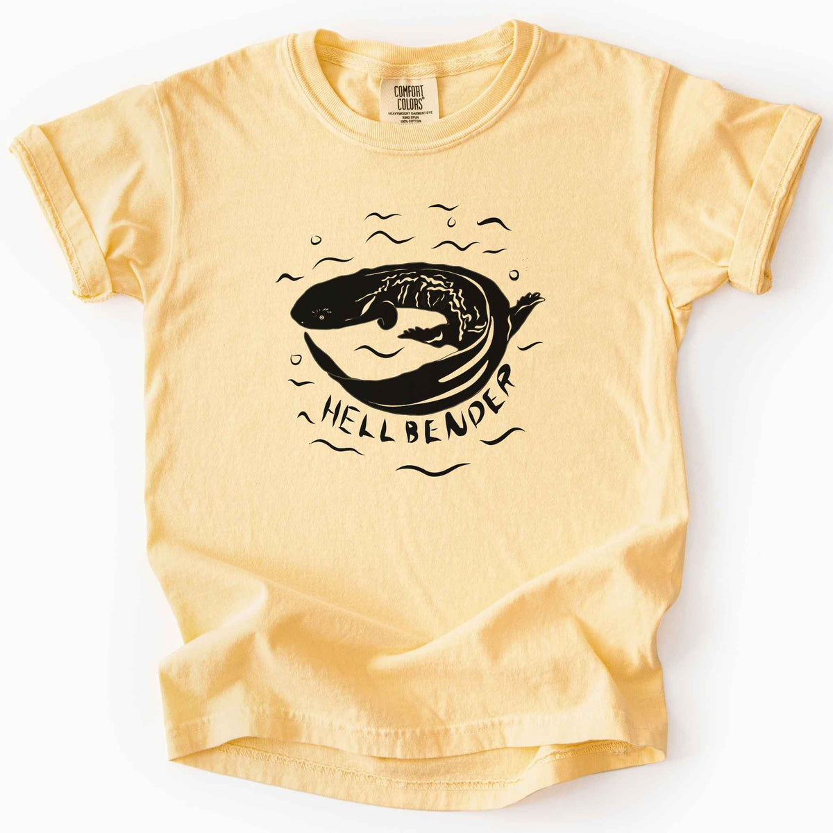 Butter "Hellbender" kids t-shirt on Comfort Colors tee, featuring a bold graphic of a curled hellbender salamander surrounded by stylized water splashes and bubbles. Amphibian and herpetology lover gift shirt for salamander and wildlife enthusiasts.