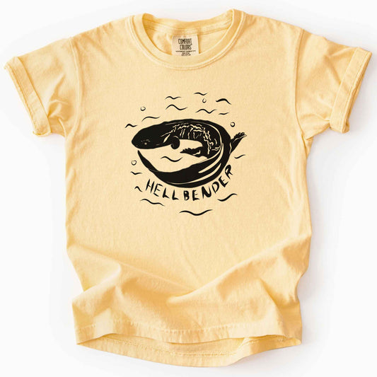 Butter "Hellbender" kids t-shirt on Comfort Colors tee, featuring a bold graphic of a curled hellbender salamander surrounded by stylized water splashes and bubbles. Amphibian and herpetology lover gift shirt for salamander and wildlife enthusiasts.