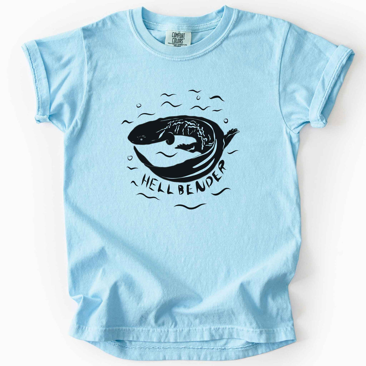 Chambray "Hellbender" kids t-shirt on Comfort Colors tee, featuring a bold graphic of a curled hellbender salamander surrounded by stylized water splashes and bubbles. Amphibian and herpetology lover gift shirt for salamander and wildlife enthusiasts.