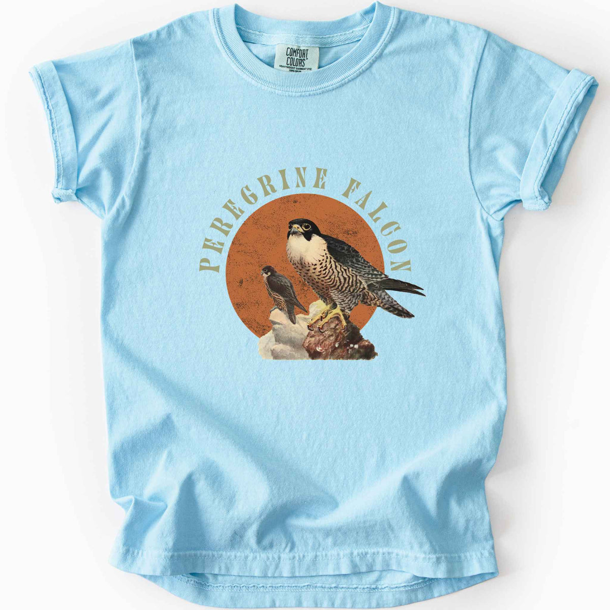 Chambray "Peregrine Falcon" kids t-shirt on Comfort Colors tee, featuring vintage style falcon illustration perched on a rock against an orange sun backdrop, with arched cream text. Birdwatcher and raptor lover gift shirt for falconry and wildlife fans.