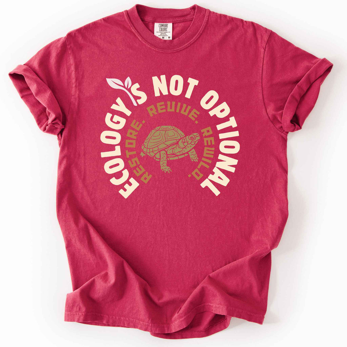 Chili "Ecology Is Not Optional, Restore, Revive, Rewild" t-shirt on Comfort Colors tee, featuring a box turtle illustration within a circular design. Conservation and reptile lover gift shirt for ecologists and wildlife enthusiasts.