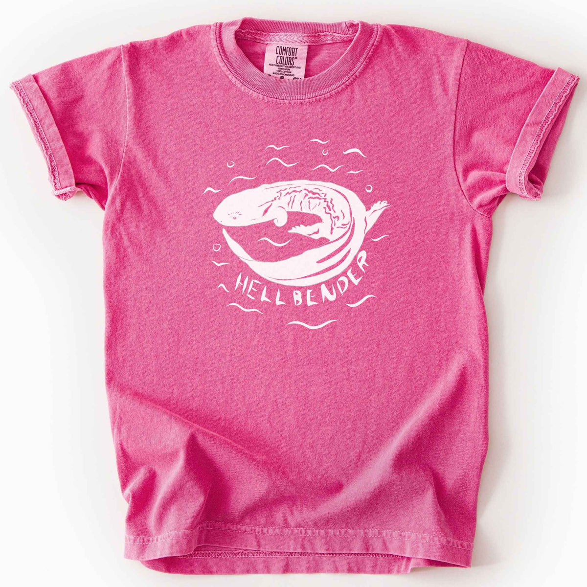 Crunchberry "Hellbender" kids t-shirt on Comfort Colors tee, featuring a bold graphic of a curled hellbender salamander surrounded by stylized water splashes and bubbles. Amphibian and herpetology lover gift shirt for salamander and wildlife enthusiasts.
