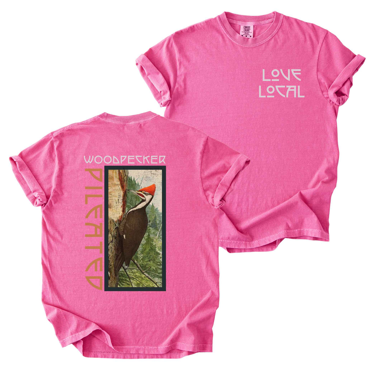 Crunchberry "Pileated Woodpecker, Love Local" t-shirt on Comfort Colors tee, featuring a small front chest logo and a full vintage style back print of a woodpecker on a tree in a forest setting. Birdwatcher gift shirt for wildlife and nature enthusiasts.