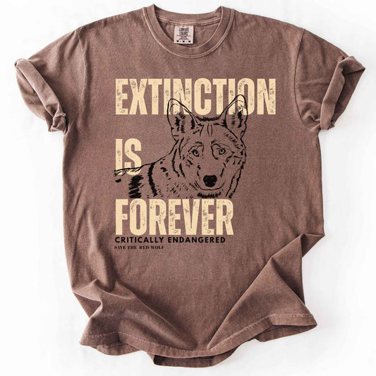 Espresso "Extinction Is Forever, Critically Endangered, Save the Red Wolf" t-shirt on Comfort Colors tee, featuring a hand drawn wolf portrait with bold cream distressed lettering. Conservation and wildlife gift shirt for wolf and endangered species advocates.