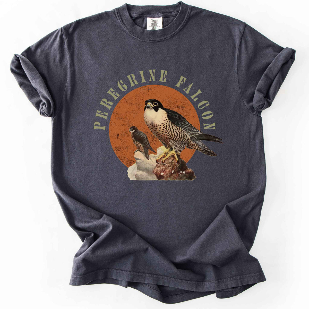 Graphite "Peregrine Falcon" t-shirt on Comfort Colors tee, featuring vintage style falcon illustration perched on a rock against an orange sun backdrop, with arched cream text. Birdwatcher and raptor lover gift shirt for falconry and wildlife fans.