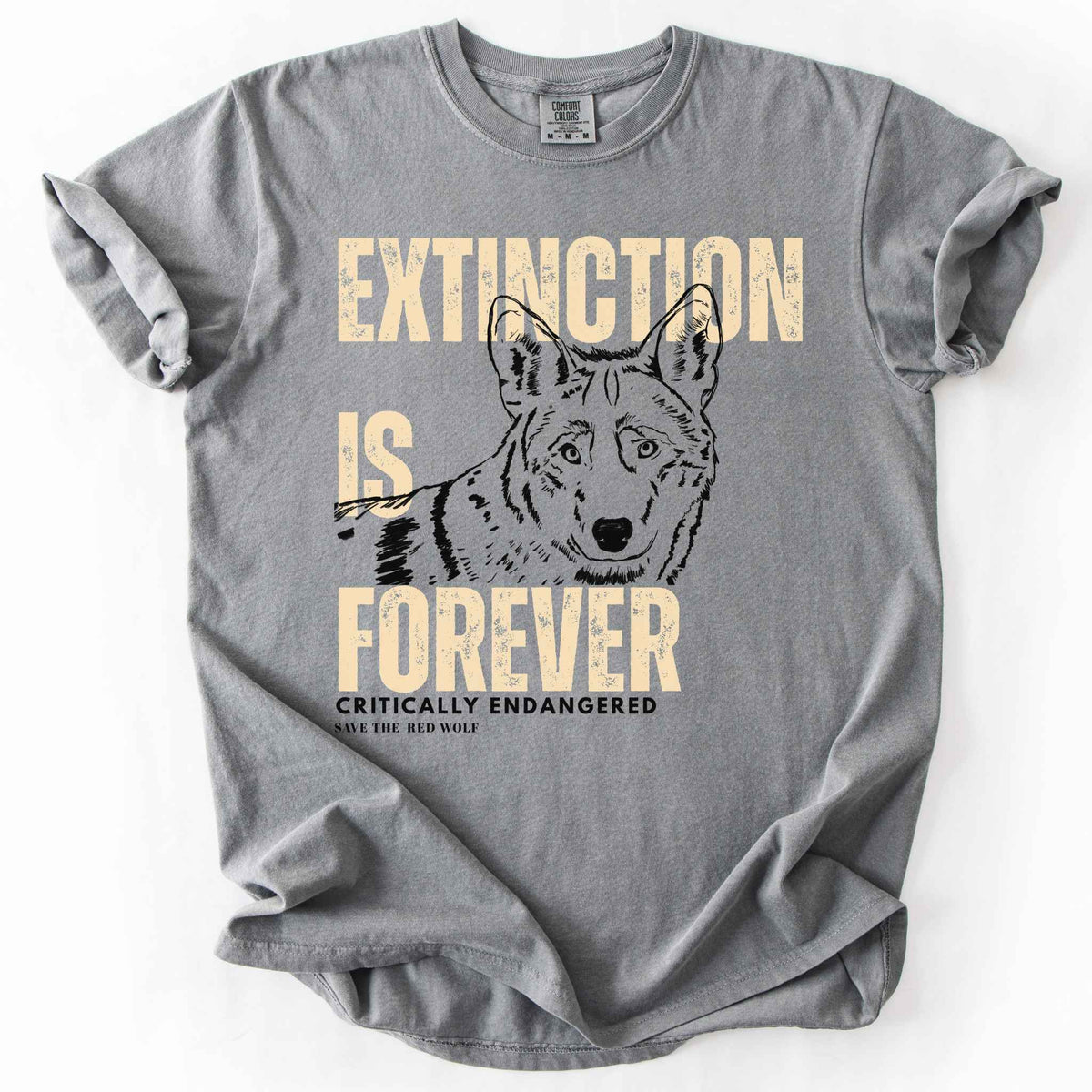 Grey "Extinction Is Forever, Critically Endangered, Save the Red Wolf" t-shirt on Comfort Colors tee, featuring a hand drawn wolf portrait with bold cream distressed lettering. Conservation and wildlife gift shirt for wolf and endangered species advocates.