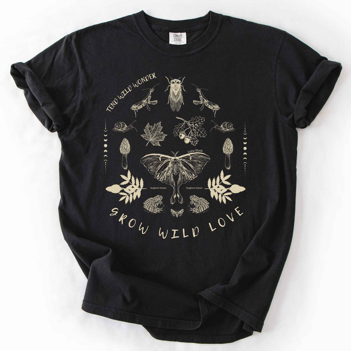 Grow Wild Love Tend Wild Wonder Luna moth ecology black t-shirt
