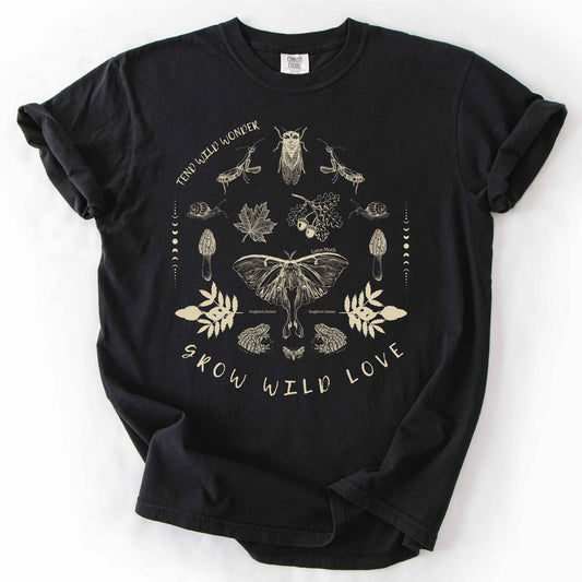 Grow Wild Love Tend Wild Wonder Luna moth ecology black t-shirt