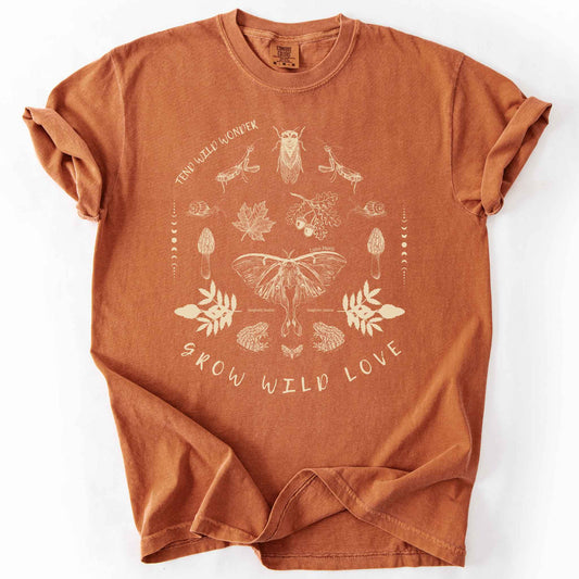 Grow Wild Love Tend Wild Wonder Luna moth ecology yam t-shirt