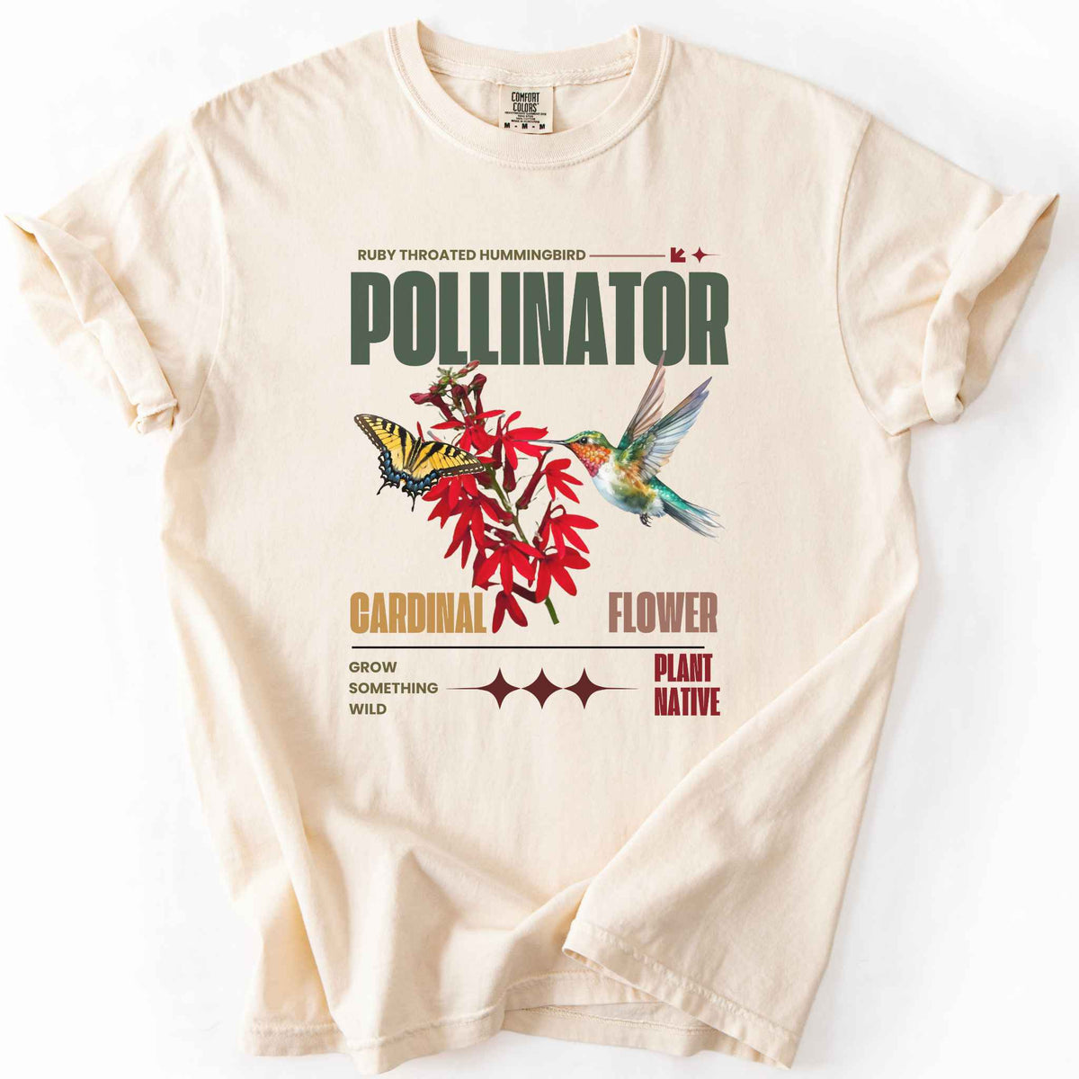 Ivory "Pollinator, Ruby Throated Hummingbird, Cardinal Flower" t-shirt on Comfort Colors tee, featuring a hummingbird and swallowtail butterfly on red cardinal flowers with retro poster style text. Gardener and native plant gift shirt for birdwatching and pollinator conservation fans.