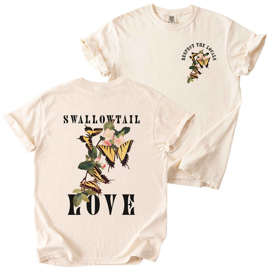 Ivory "Respect the Locals, Swallowtail Love" t-shirt on Comfort Colors tee, featuring a small front chest logo and a full illustrated back print of Tiger Swallowtail butterflies on apple blossoms with bold black lettering. Butterfly lover gift shirt for native pollinator and garden enthusiasts.