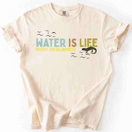Ivory "Water Is Life, Protect Our Salamanders" t-shirt on Comfort Colors tee, featuring a tiger salamander graphic with stylized water wave accents in teal, orange, and mustard text. Amphibian conservation gift shirt for salamander and wetland habitat lovers.