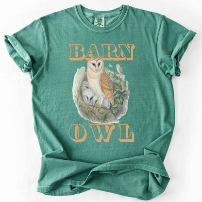 Light Green "Barn Owl" t-shirt on Comfort Colors tee, featuring a detailed graphic of a barn owl with owlets nestled in a tree hollow with ivy, in tan bold lettering. Birdwatcher and owl lover gift shirt for wildlife and nature enthusiasts.