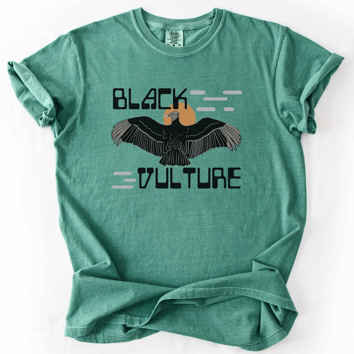 Light green "Black Vulture" t-shirt on Comfort Colors tee, featuring a vulture with spread wings against an orange sun with bold geometric lettering. Birdwatcher and scavenger lover gift shirt for wildlife and nature enthusiasts.