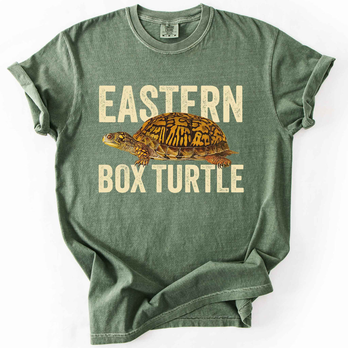 Moss "Eastern Box Turtle" t-shirt on Comfort Colors tee, featuring a detailed vintage style turtle graphic with cream bold block lettering. Reptile lover and turtle enthusiast gift shirt for wildlife and nature fans.