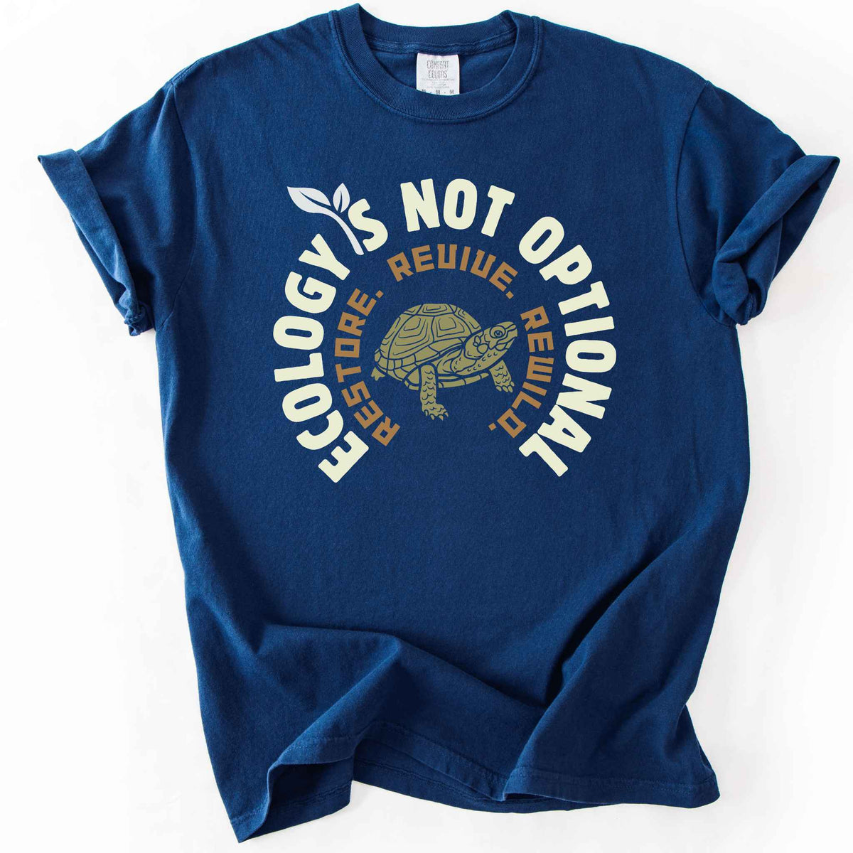 Navy "Ecology Is Not Optional, Restore, Revive, Rewild" t-shirt on Comfort Colors tee, featuring a box turtle illustration within a circular design. Conservation and reptile lover gift shirt for ecologists and wildlife enthusiasts.