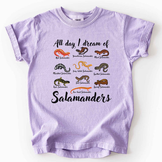 Orchid "All Day I Dream of Salamanders" t-shirt on Comfort Colors tee, featuring 10 illustrated salamander species including Red, Tiger, Spotted, and Marbled Salamanders, with black script text, nature lover and herpetology gift shirt.