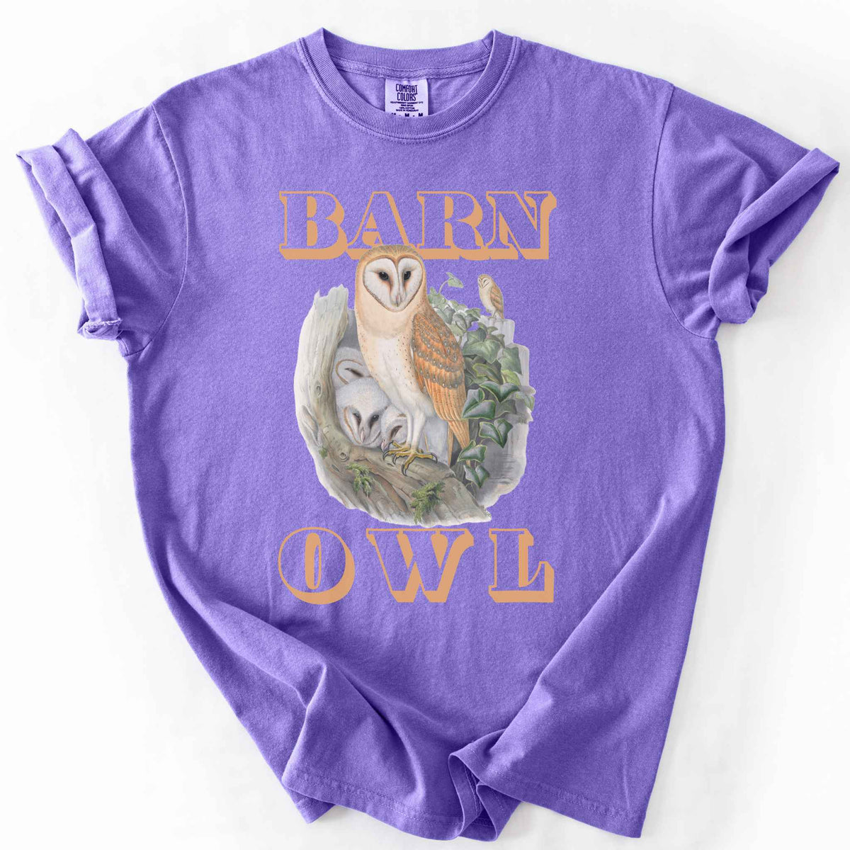 Orchid "Barn Owl" t-shirt on Comfort Colors tee, featuring a detailed graphic of a barn owl with owlets nestled in a tree hollow with ivy, in tan bold lettering. Birdwatcher and owl lover gift shirt for wildlife and nature enthusiasts.