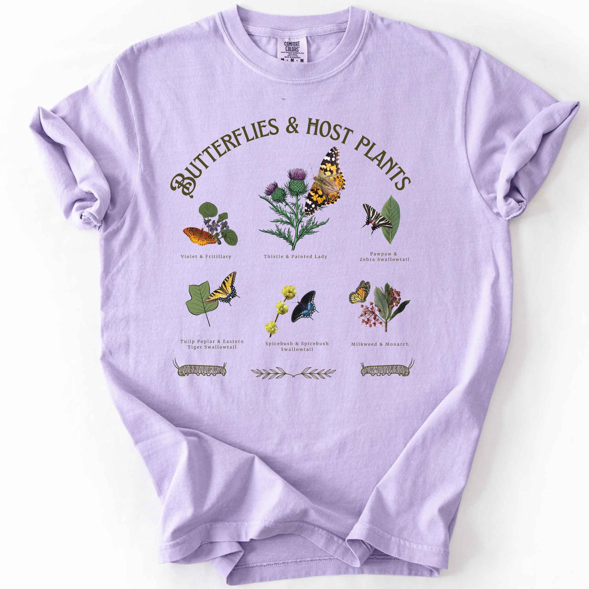 Orchid "Butterflies & Host Plants" t-shirt on Comfort Colors tee, featuring six graphic designed butterfly and plant pairings including Monarch on Milkweed, Painted Lady on Thistle, and Eastern Tiger Swallowtail on Tulip Poplar. Botanical gift shirt for butterfly gardeners and nature lovers.