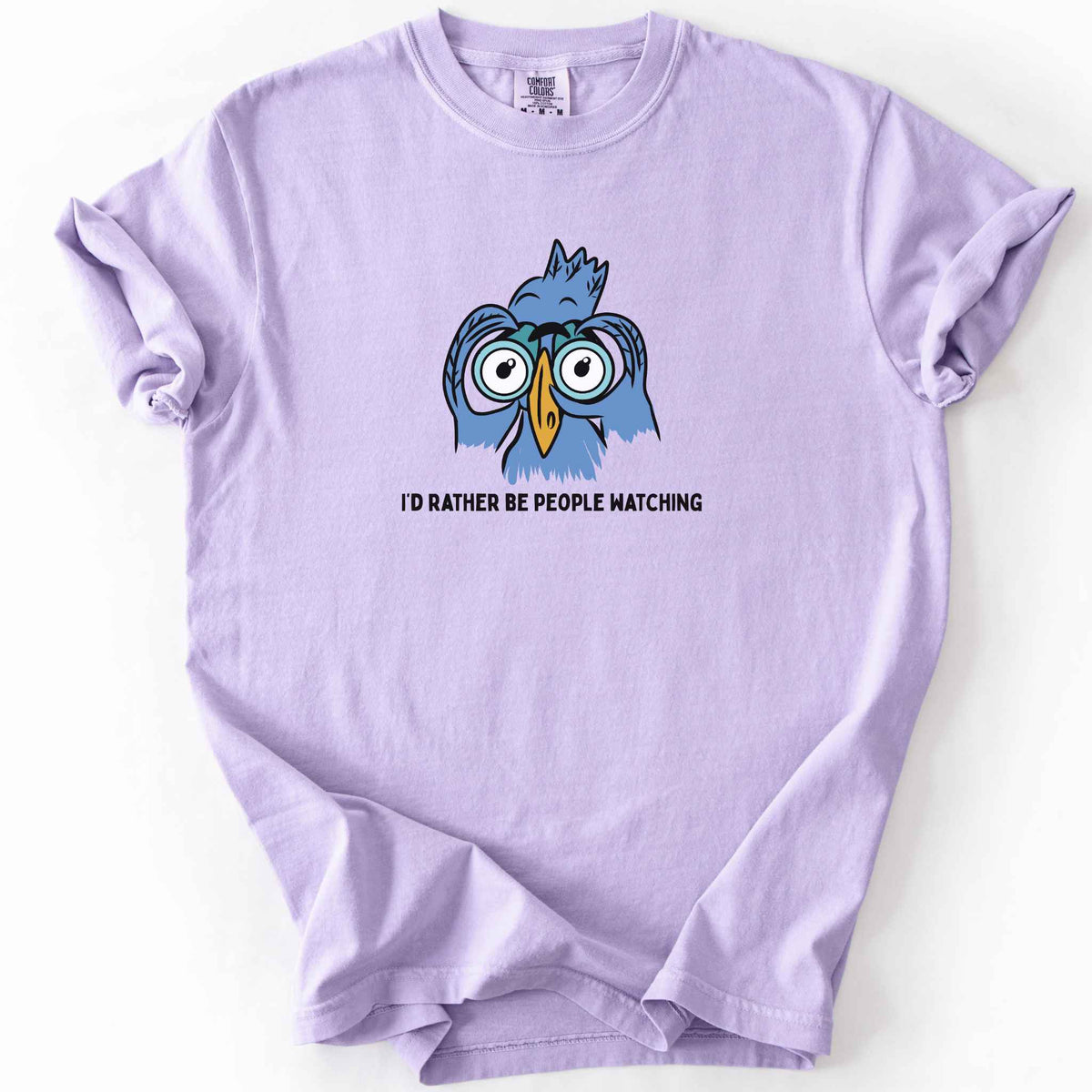 Orchid "I'd Rather Be People Watching" t-shirt on Comfort Colors tee, featuring a cartoon blue bird holding binoculars up to its eyes. Funny birdwatcher gift shirt for bird lovers and introverts.