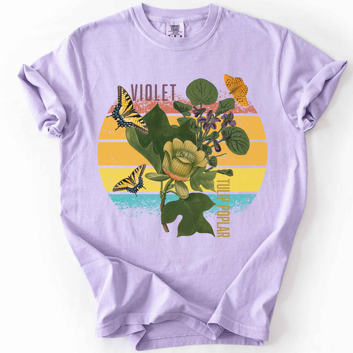Orchid "Love local wildflowers, violet and tulip poplar" t-shirt on comfort colors tee. Featuring swallowtail and fritillary butterfly, tulip poplar and violet leaves and flower graphics. Gift for Ecology enthusiasts and wildlife gardeners. 