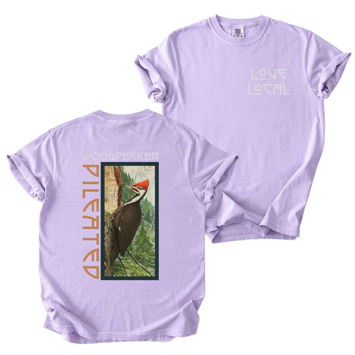 Orchid "Pileated Woodpecker, Love Local" t-shirt on Comfort Colors tee, featuring a small front chest logo and a full vintage style back print of a woodpecker on a tree in a forest setting. Birdwatcher gift shirt for wildlife and nature enthusiasts.