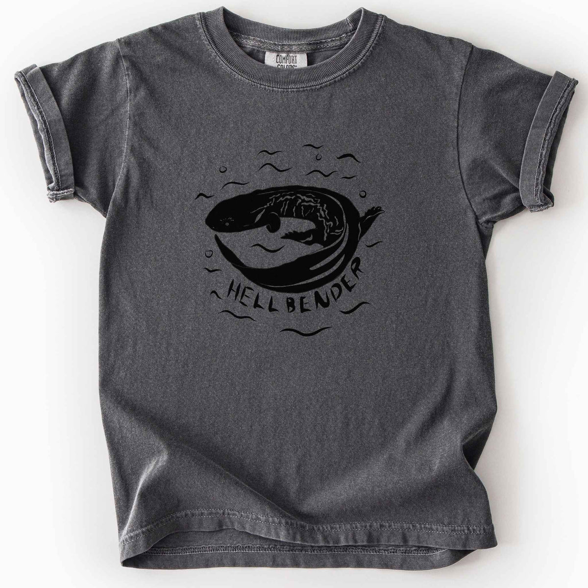 Pepper "Hellbender" kids t-shirt on Comfort Colors tee, featuring a bold graphic of a curled hellbender salamander surrounded by stylized water splashes and bubbles. Amphibian and herpetology lover gift shirt for salamander and wildlife enthusiasts.