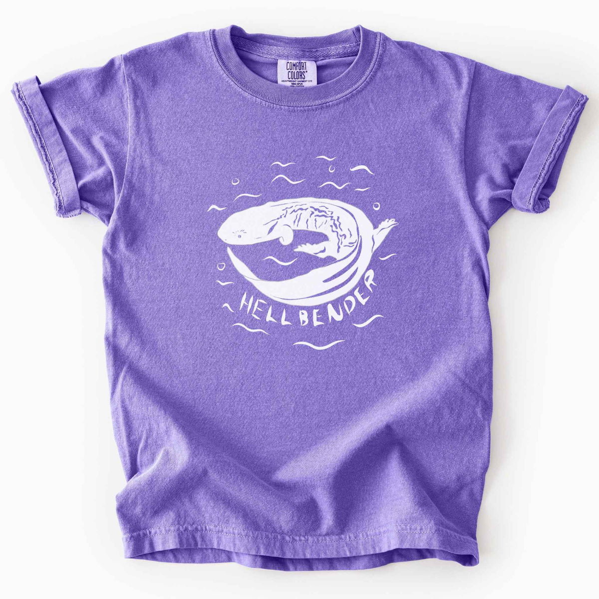 Violet "Hellbender" kids t-shirt on Comfort Colors tee, featuring a bold graphic of a curled hellbender salamander surrounded by stylized water splashes and bubbles. Amphibian and herpetology lover gift shirt for salamander and wildlife enthusiasts.