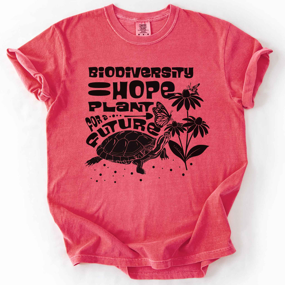 Watermelon "Biodiversity Hope, Plant for a Future" t-shirt on Comfort Colors tee, featuring a black graphic of a turtle with monarch butterflies on coneflowers in bold groovy lettering. Conservation and native plant gift shirt for wildlife and biodiversity.