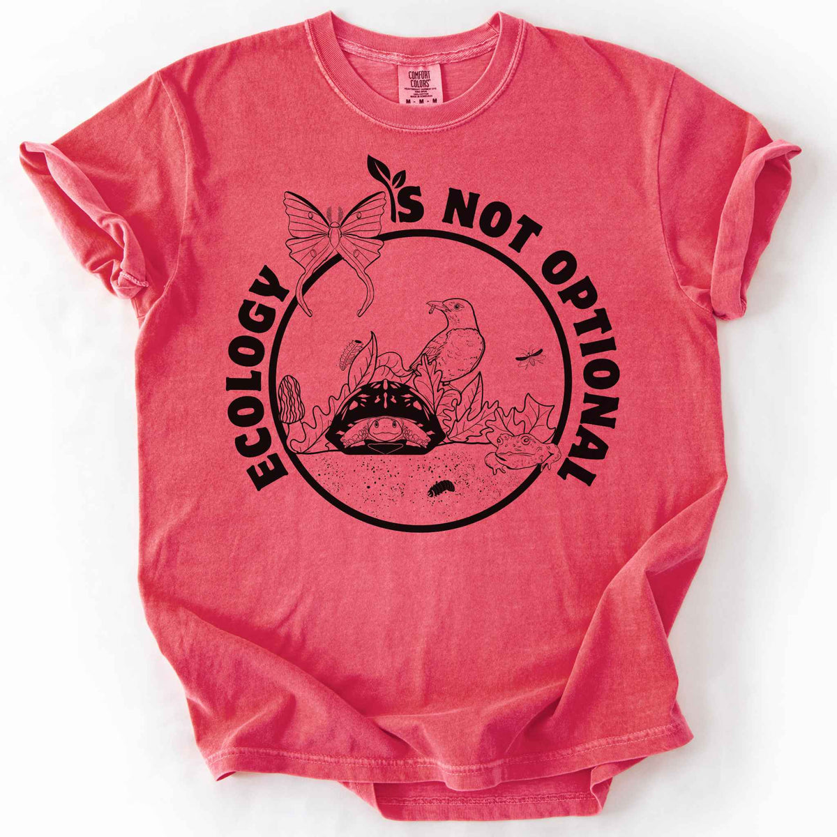 Watermelon "Ecology Is Not Optional" t-shirt on Comfort Colors tee, featuring a black circle badge with a box turtle, bird, luna moth, frog, and mushrooms in an ecosystem scene. Nature lover and biology gift shirt for ecologists and conservation enthusiasts.