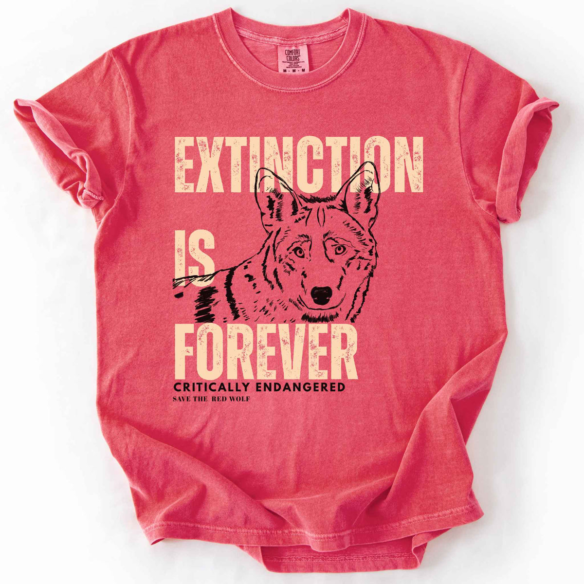 Watermelon "Extinction Is Forever, Critically Endangered, Save the Red Wolf" t-shirt on Comfort Colors tee, featuring a hand drawn wolf portrait with bold cream distressed lettering. Conservation and wildlife gift shirt for wolf and endangered species advocates.